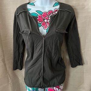 J Crew Dark Charcoal Gray V Neck Pocket Blouse